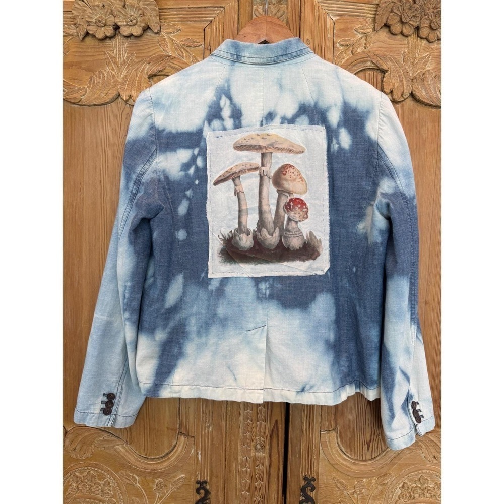 Size 14 Bleached Chambray Jacket Mushroom Patch Folk Art‎ Upcycled
